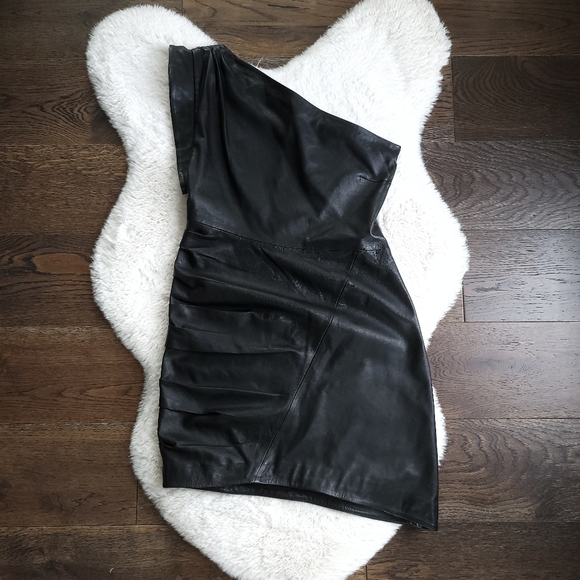 Lamarque Corey Lamb Leather One Shoulder Draped Mini Dress - Picture 2 of 13